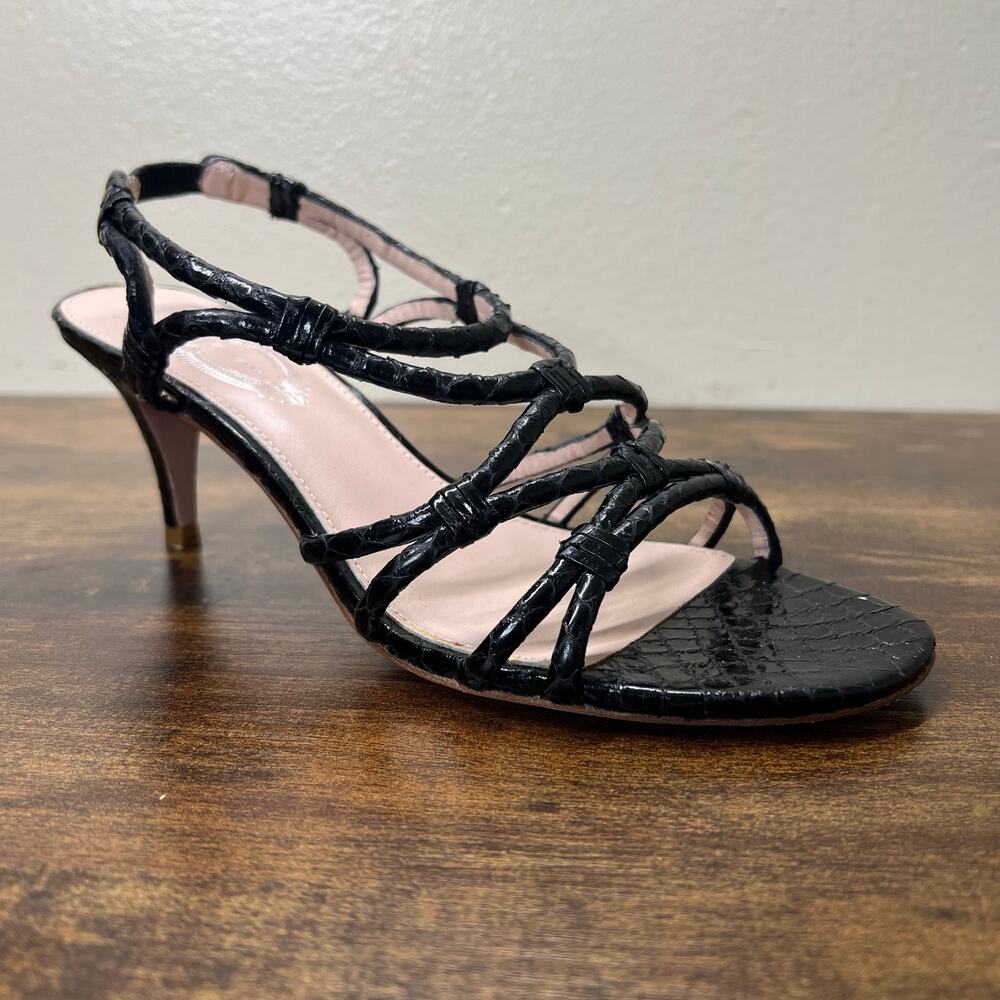 Elie Tahari Dress Sandals 7.5 Women Slingback Black Embossed Kitten Heel Leather